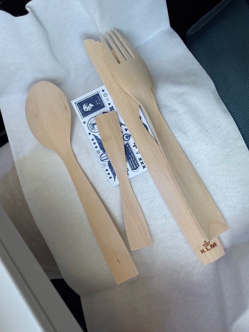 KLM ARN AMS wooden cutlery on the KLM Amsterdam to Buenos Aires review.