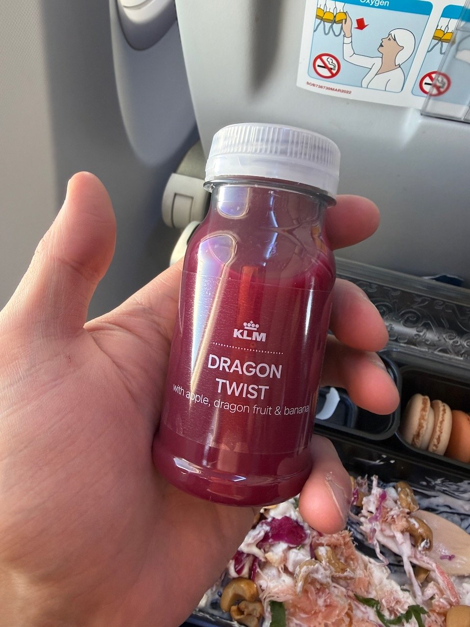 KLM ARN AMS dragon twist juice on the KLM Amsterdam to Buenos Aires review.