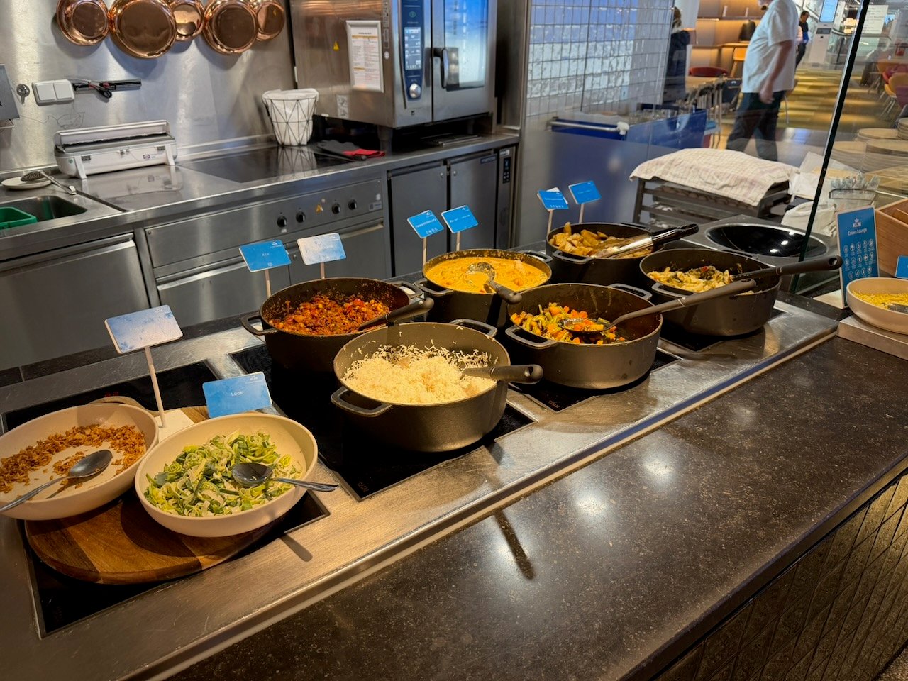 Amsterdam KLM crown lounge hot buffet on the KLM Amsterdam to Buenos Aires review.
