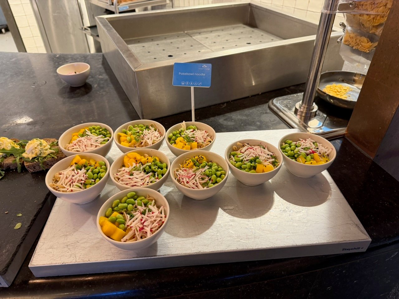 Amsterdam KLM crown lounge prepared salads on the KLM Amsterdam to Buenos Aires review.