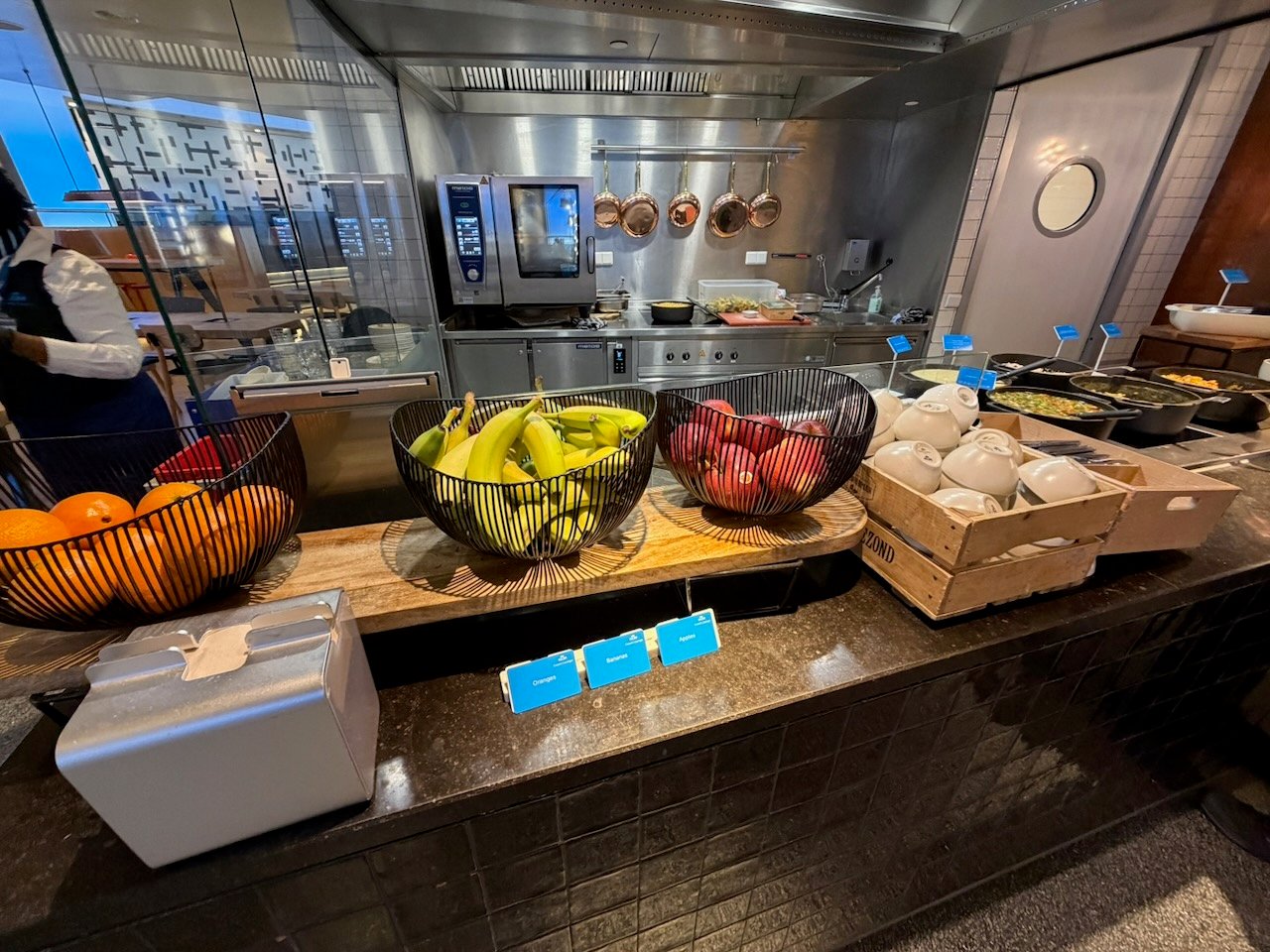 Amsterdam KLM crown lounge fruit and snacks on the KLM Amsterdam to Buenos Aires review.