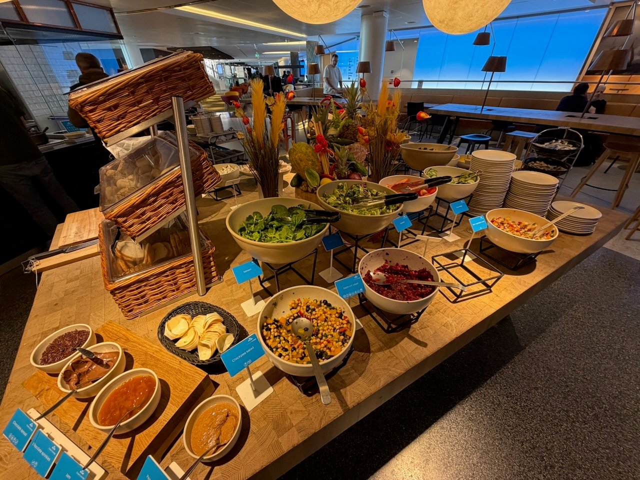 Amsterdam KLM crown lounge bread and salad station on the KLM Amsterdam to Buenos Aires review.