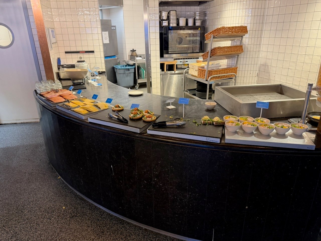 Amsterdam KLM crown lounge bakery counter on the KLM Amsterdam to Buenos Aires review.