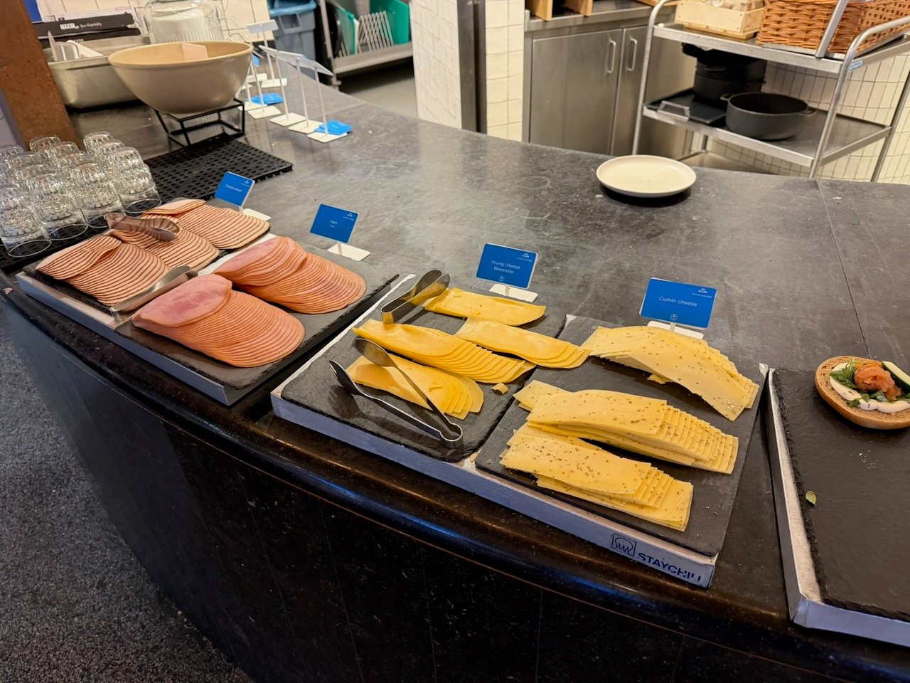 Amsterdam KLM crown lounge cheese station on the KLM Amsterdam to Buenos Aires review.