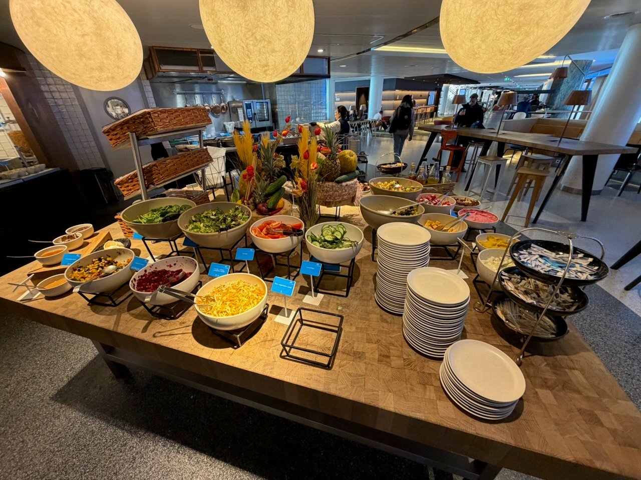 Amsterdam KLM crown lounge buffet overview on the KLM Amsterdam to Buenos Aires review.