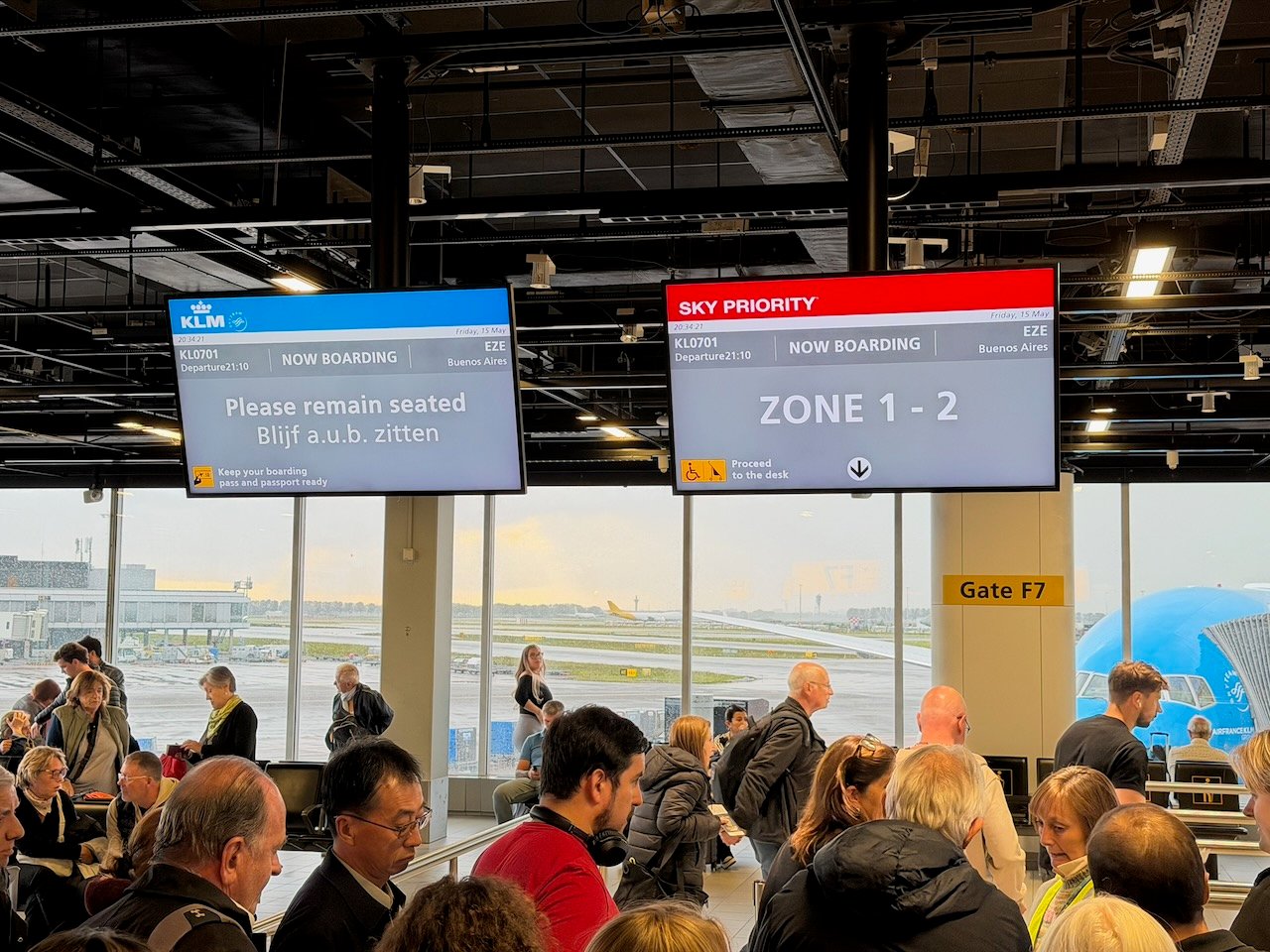 Amsterdam Schiphol AMS EZE boarding gate on the KLM Amsterdam to Buenos Aires review.