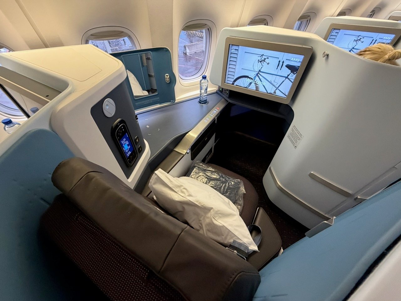 KLM AMS EZE business class seat screen on the KLM Amsterdam to Buenos Aires review.