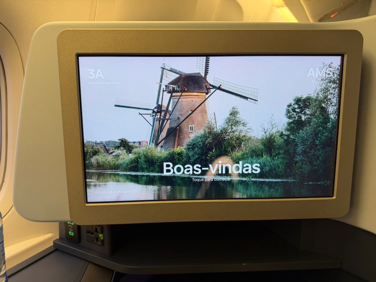 KLM AMS EZE IFE welcome screen on the KLM Amsterdam to Buenos Aires review.