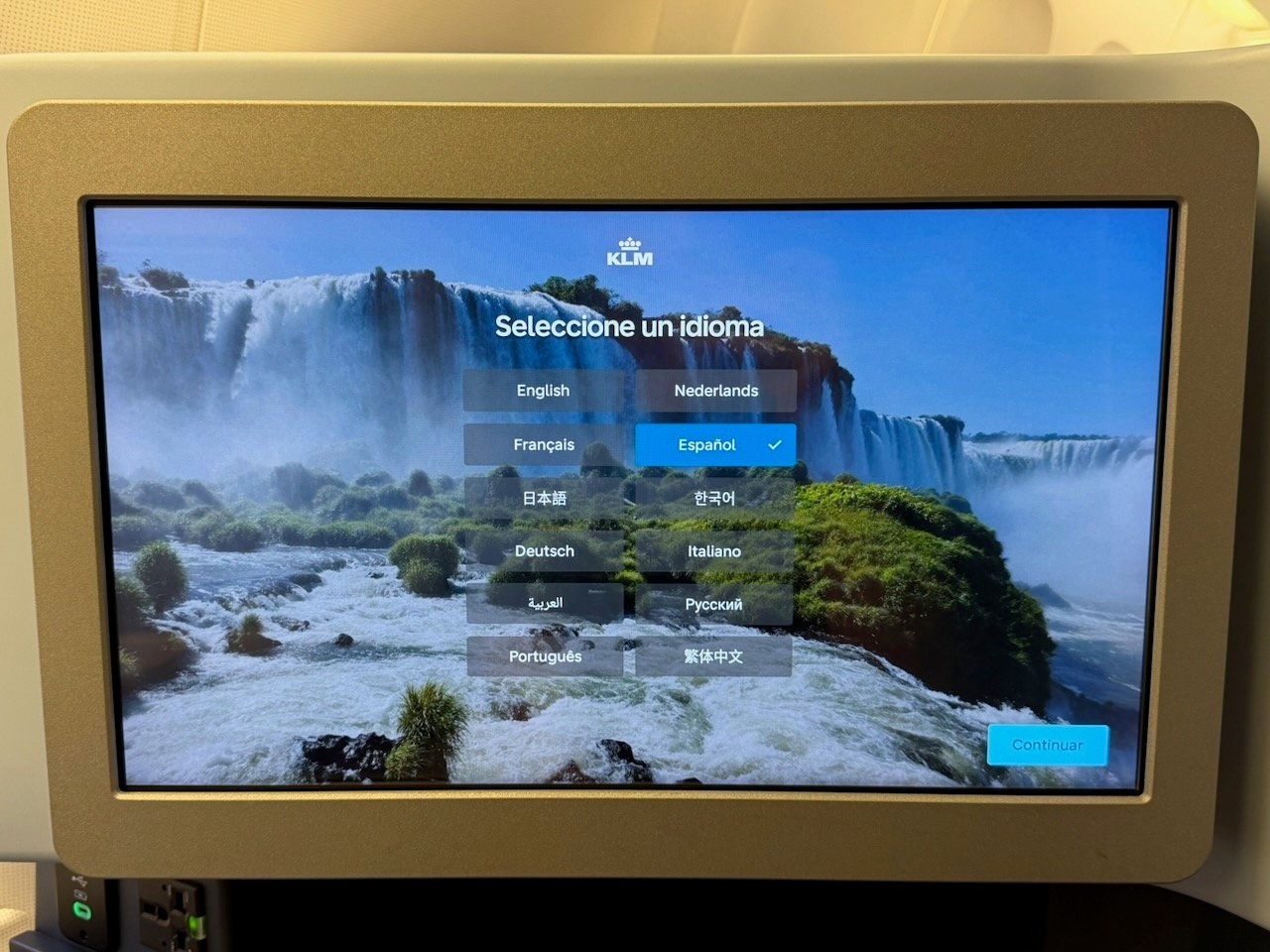 KLM AMS EZE IFE language selection on the KLM Amsterdam to Buenos Aires review.