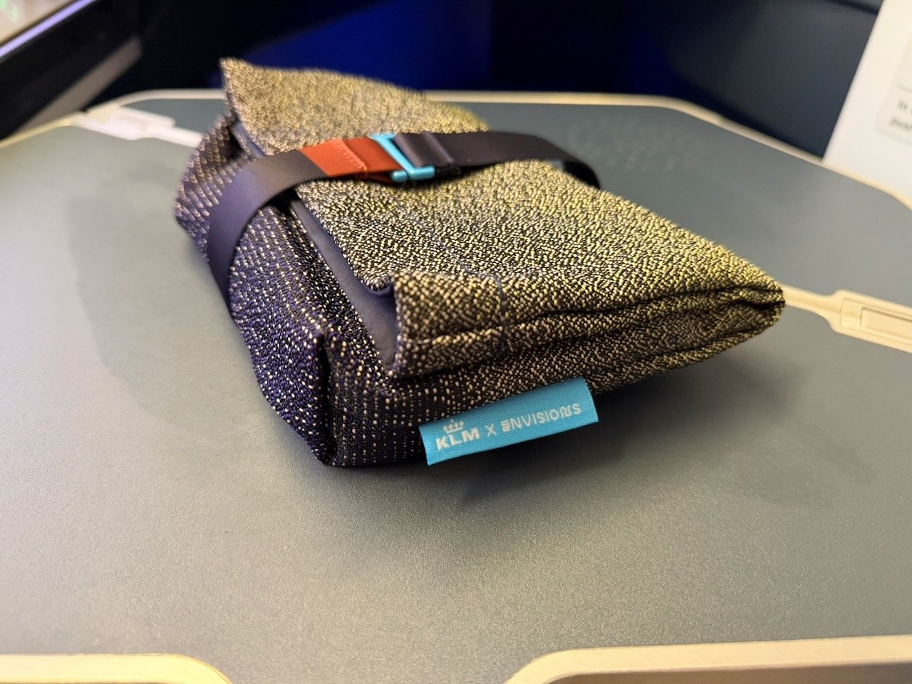 KLM AMS EZE blanket close up on the KLM Amsterdam to Buenos Aires review.