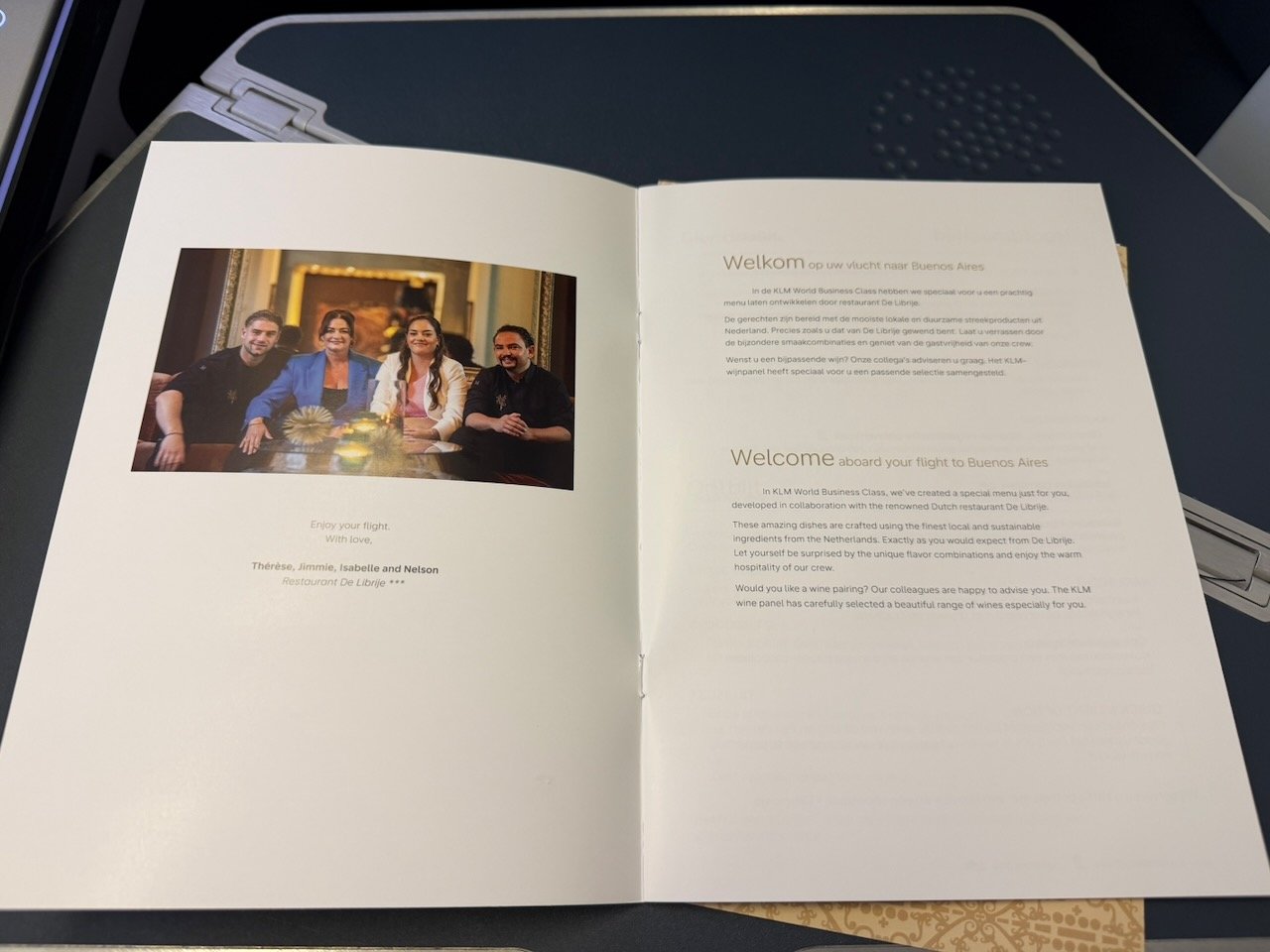 KLM AMS EZE menu introduction on the KLM Amsterdam to Buenos Aires review.