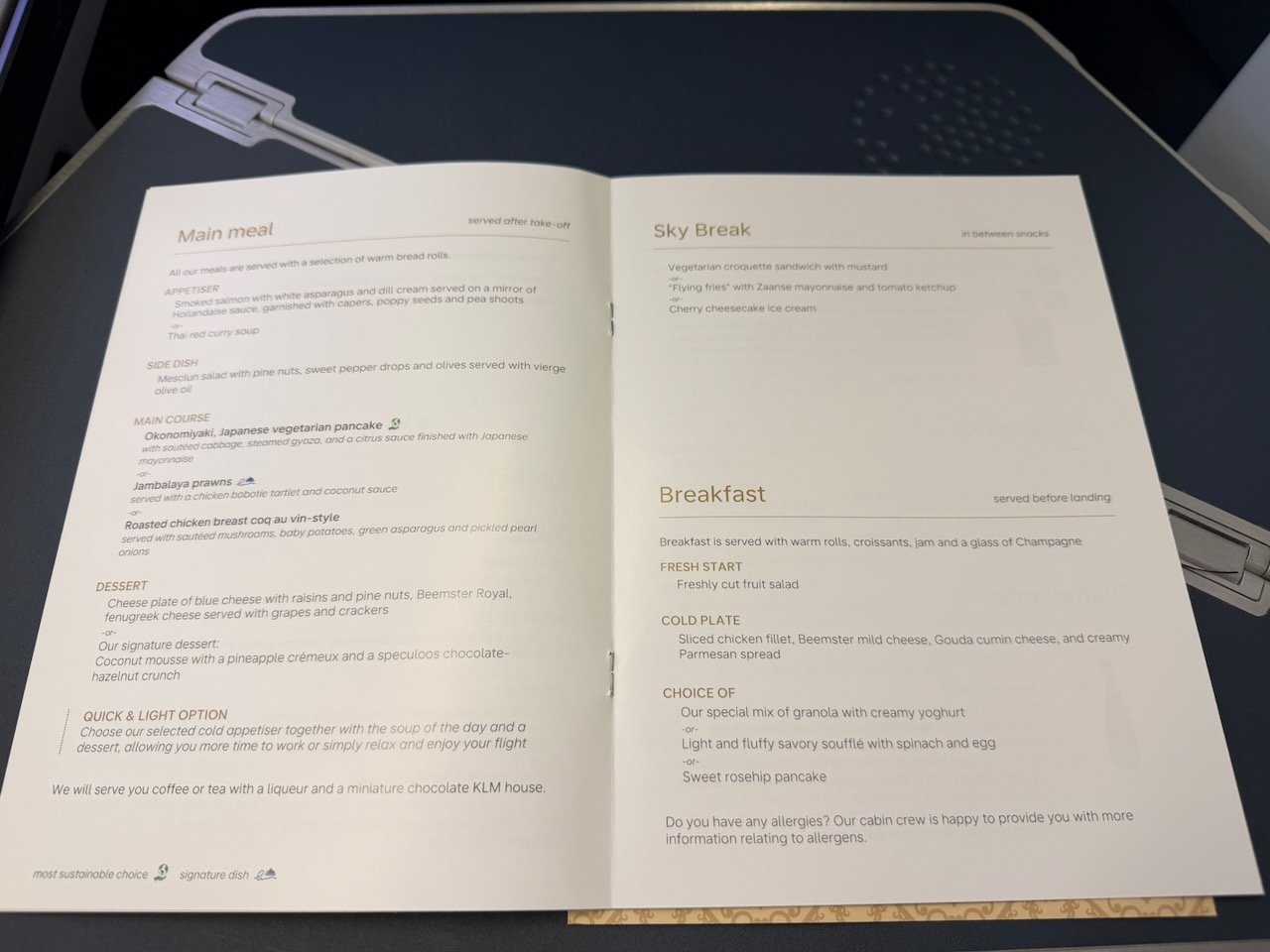 KLM AMS EZE dinner menu on the KLM Amsterdam to Buenos Aires review.