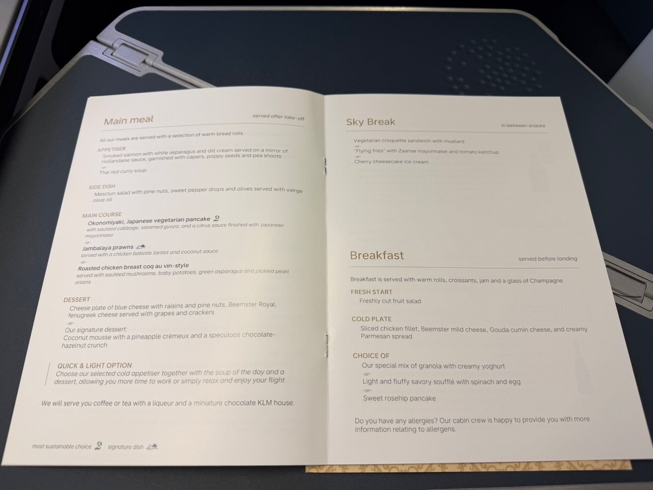 KLM AMS EZE breakfast menu on the KLM Amsterdam to Buenos Aires review.