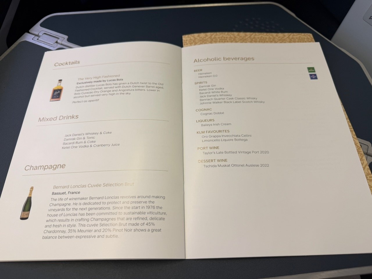 KLM AMS EZE champagne and wines menu on the KLM Amsterdam to Buenos Aires review.