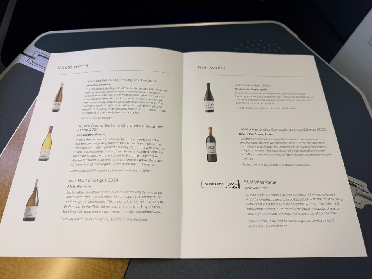 KLM AMS EZE wine list on the KLM Amsterdam to Buenos Aires review.