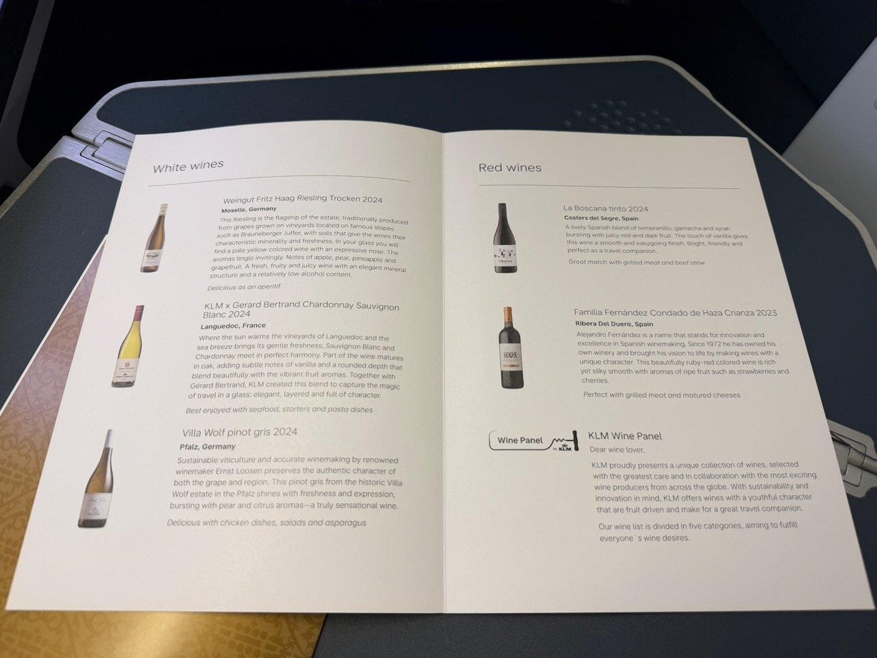 KLM AMS EZE red wine list on the KLM Amsterdam to Buenos Aires review.