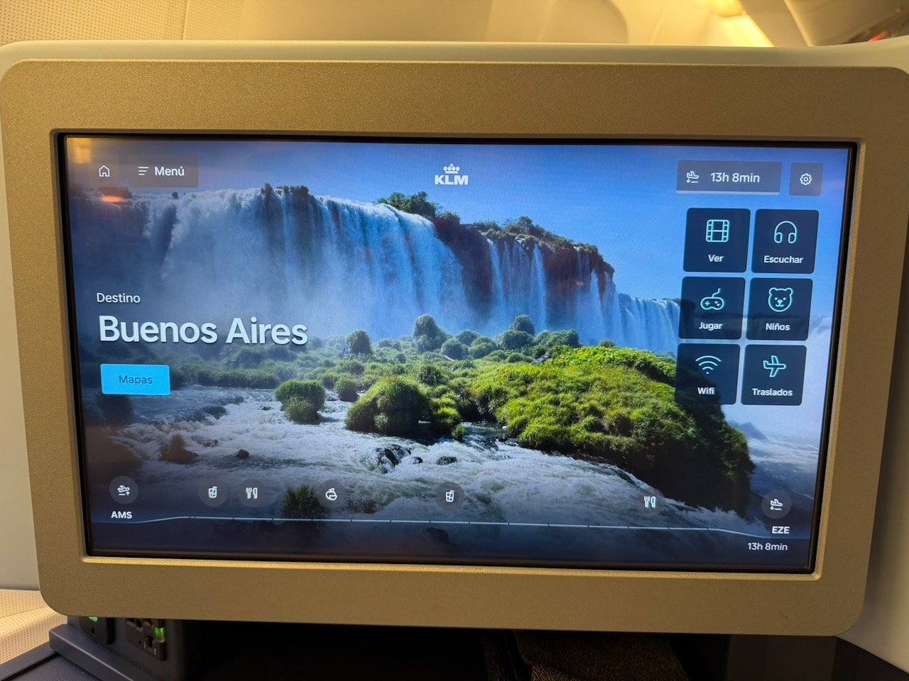 KLM AMS EZE IFE home screen on the KLM Amsterdam to Buenos Aires review.