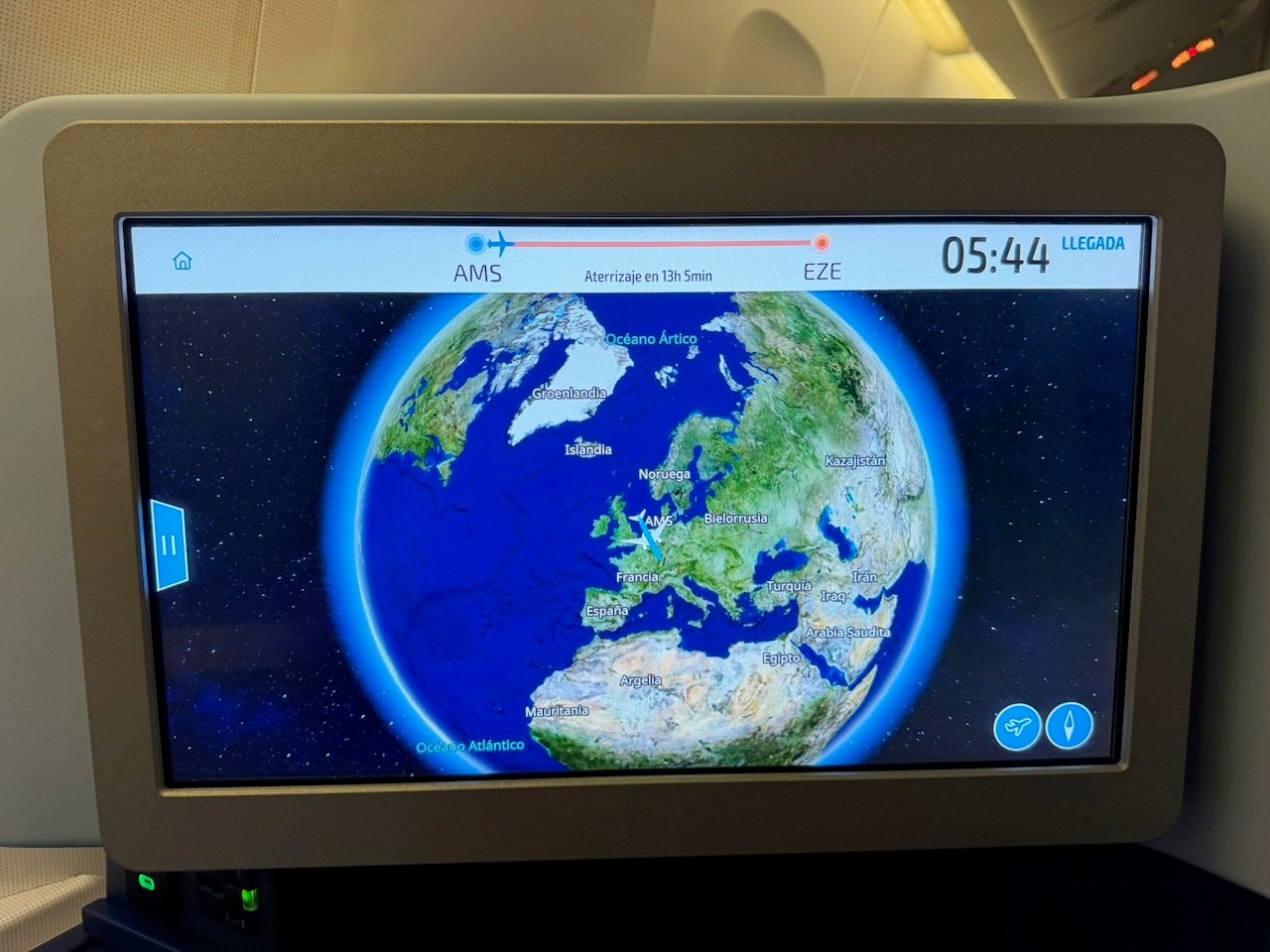 KLM AMS EZE moving map after takeoff on the KLM Amsterdam to Buenos Aires review.