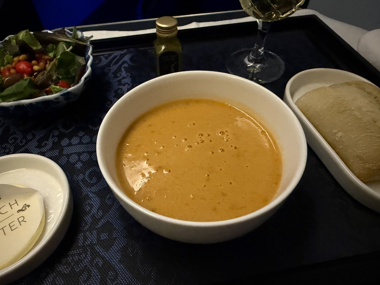 KLM AMS EZE soup course on the KLM Amsterdam to Buenos Aires review.