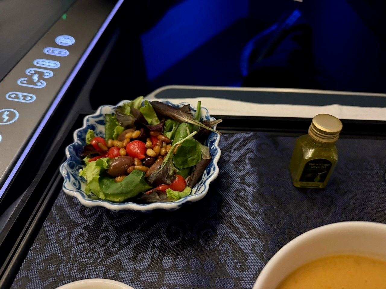 KLM AMS EZE salad course on the KLM Amsterdam to Buenos Aires review.