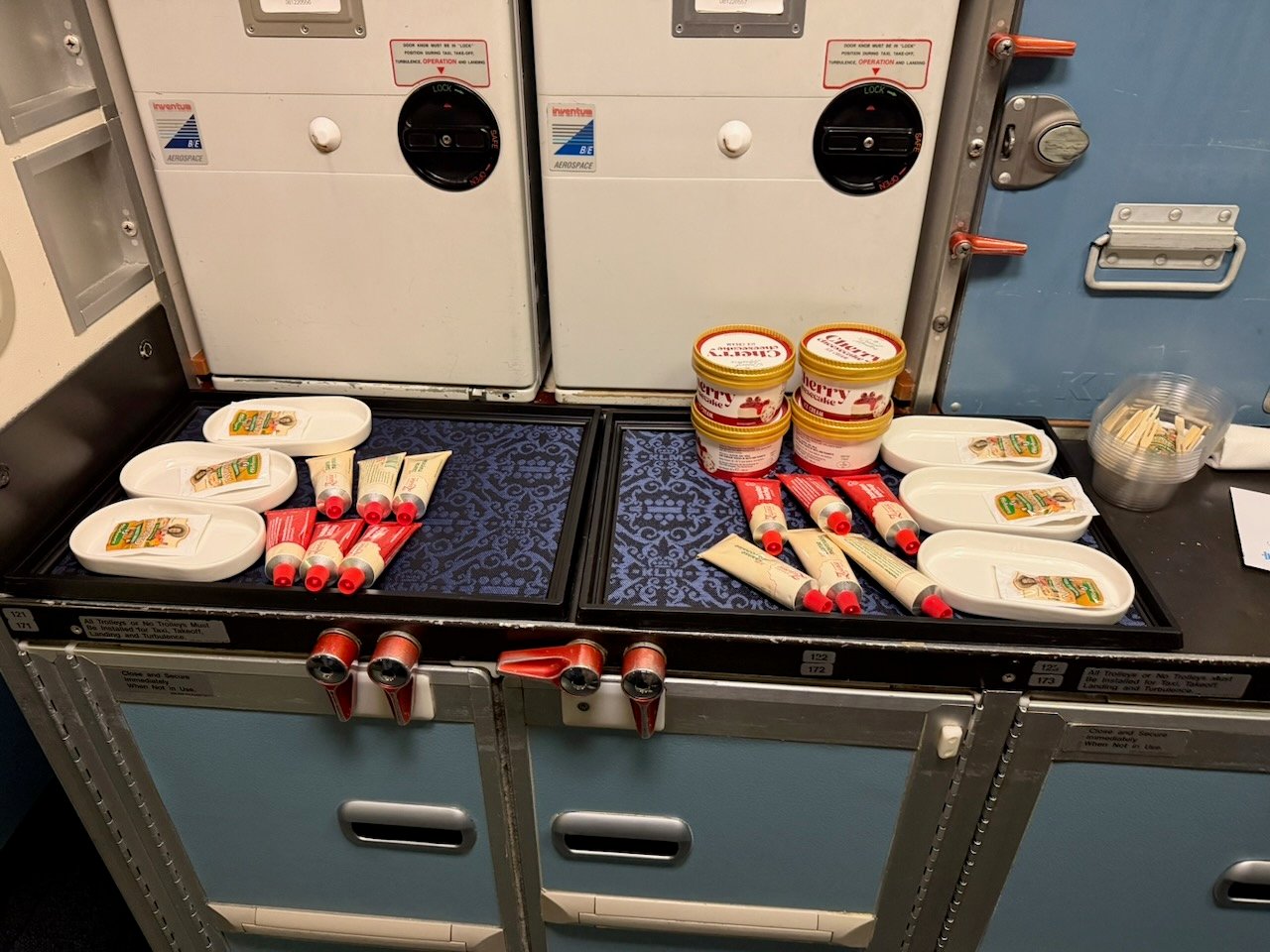 KLM AMS EZE galley snack station on the KLM Amsterdam to Buenos Aires review.