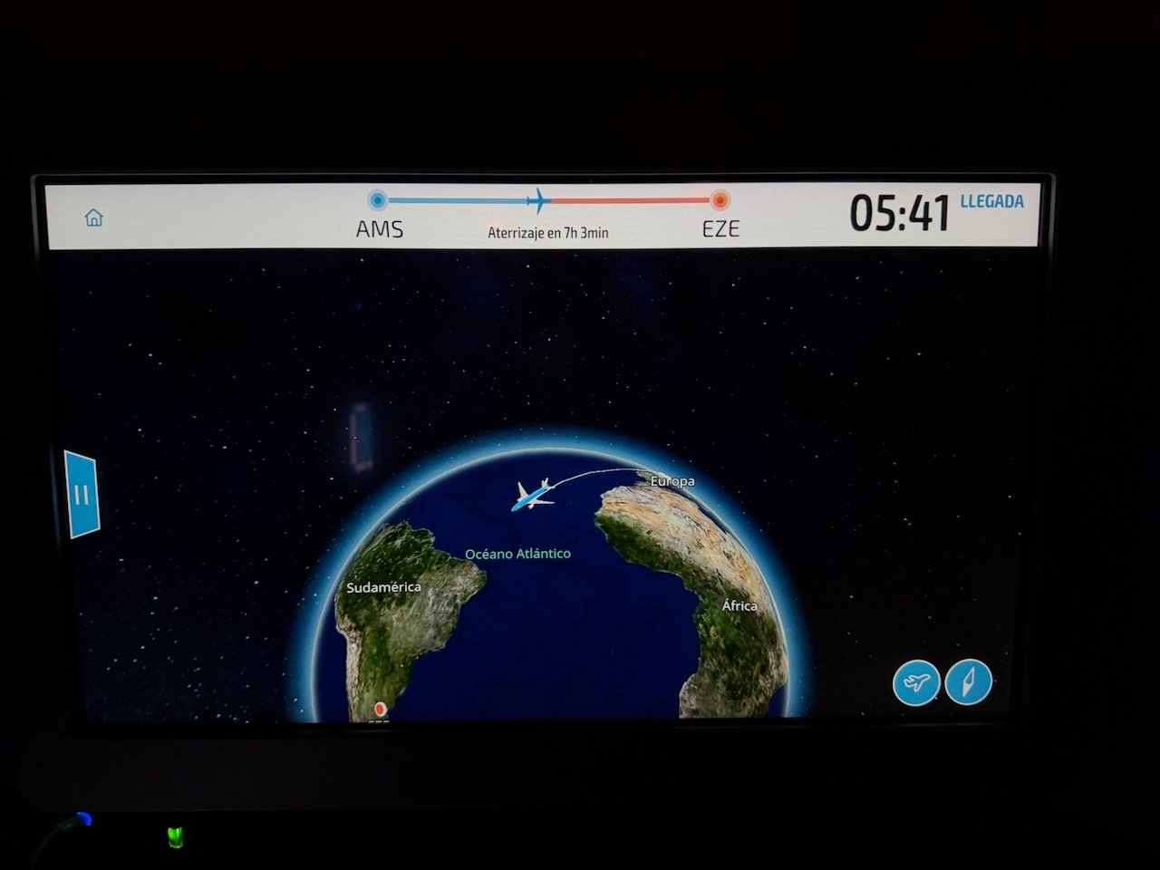KLM AMS EZE moving map over south america on the KLM Amsterdam to Buenos Aires review.