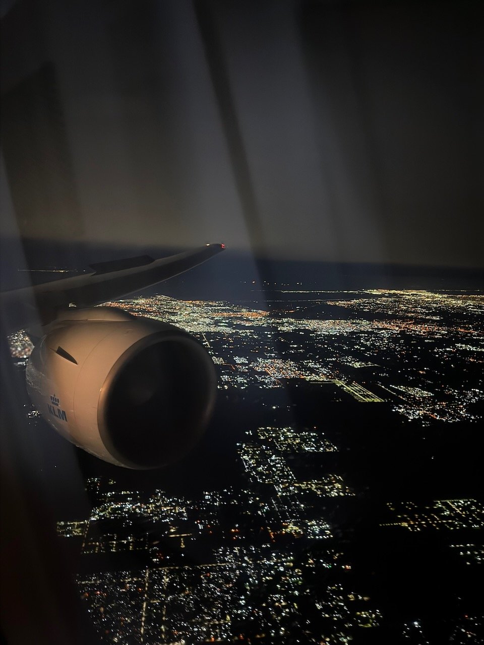 Buenos Aires EZE night approach wing view on the KLM Amsterdam to Buenos Aires review.