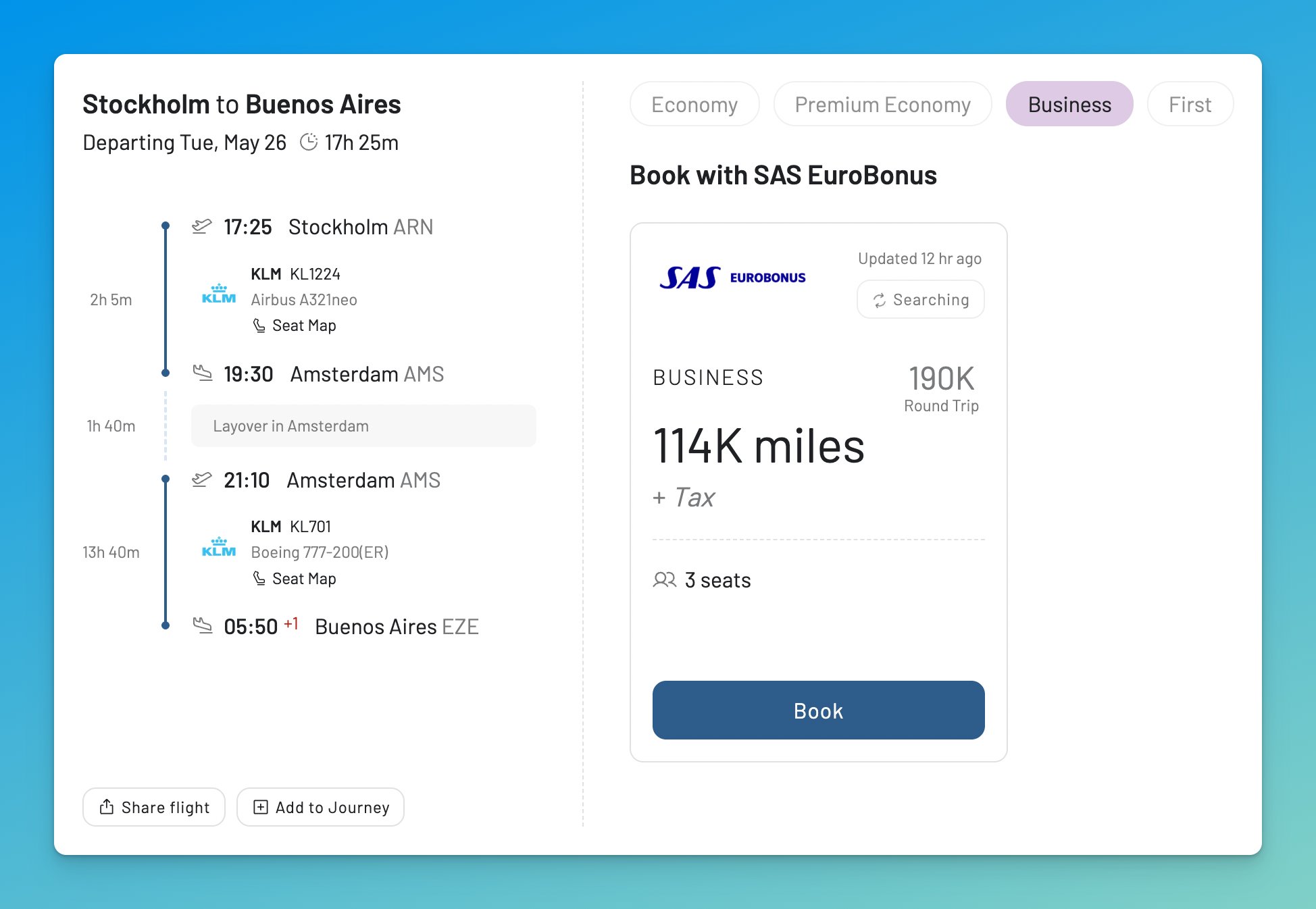AwardFares search showing the EuroBonus price for Stockholm to Buenos Aires via Amsterdam.