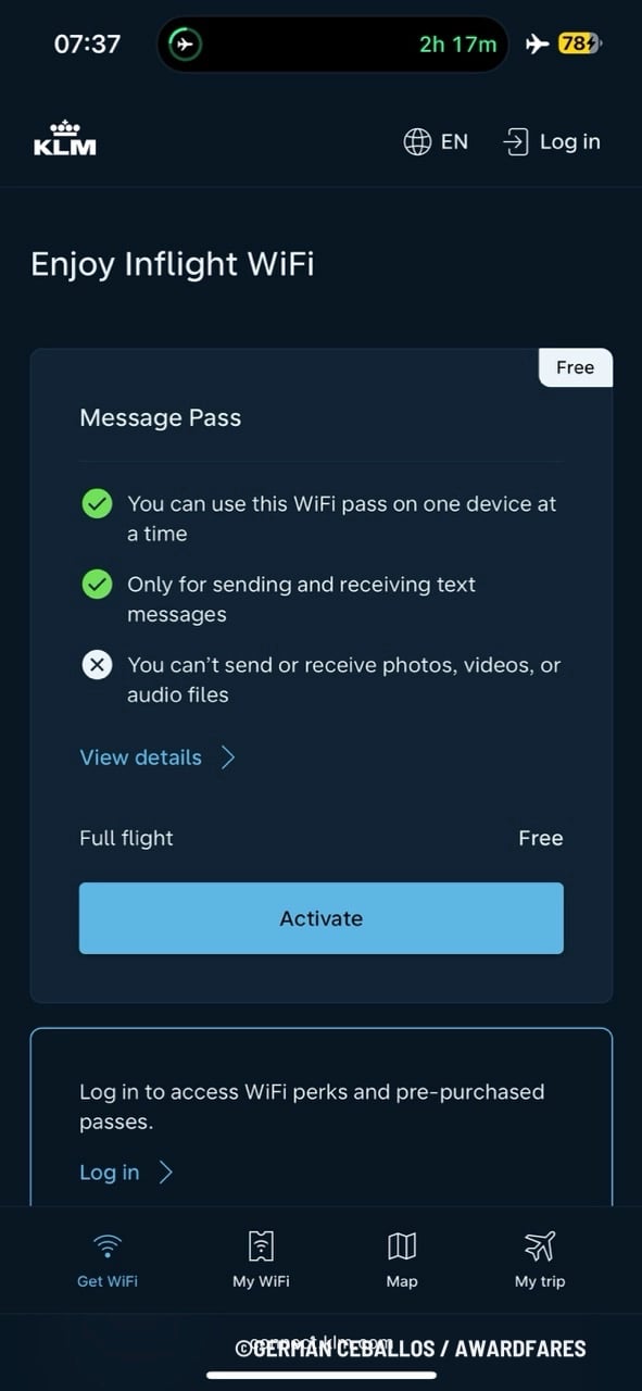 Choosing the free messaging pass on KLM