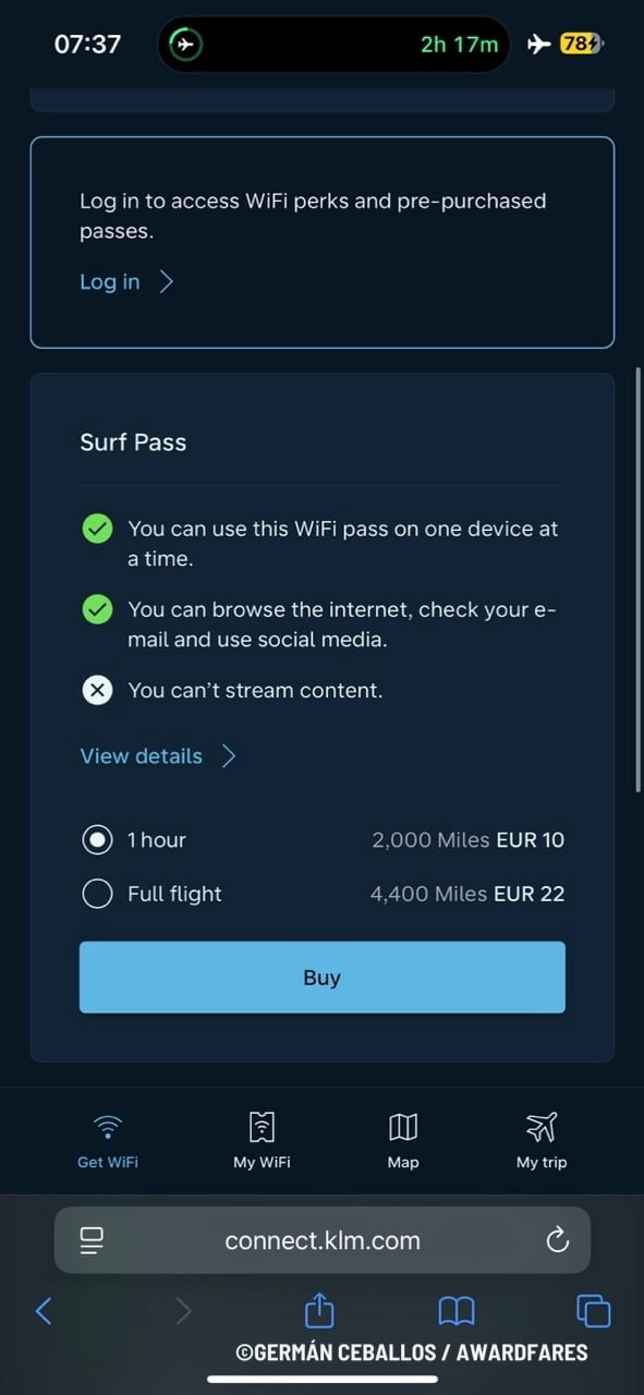 Screenshot of the Surf Pass option for inflight WiFi.