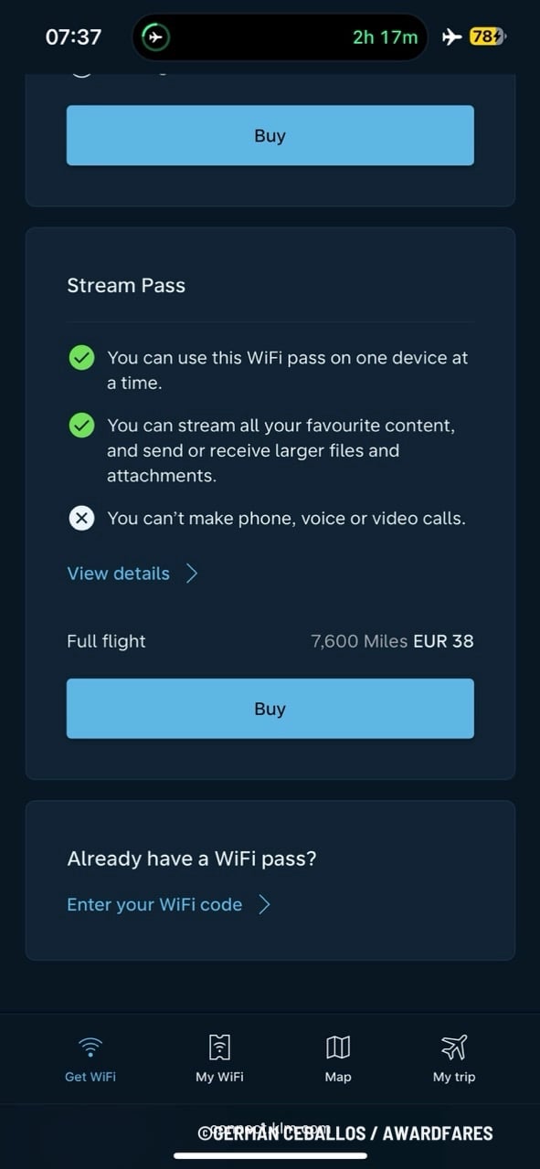 Screenshot of the Stream Pass option for inflight WiFi.