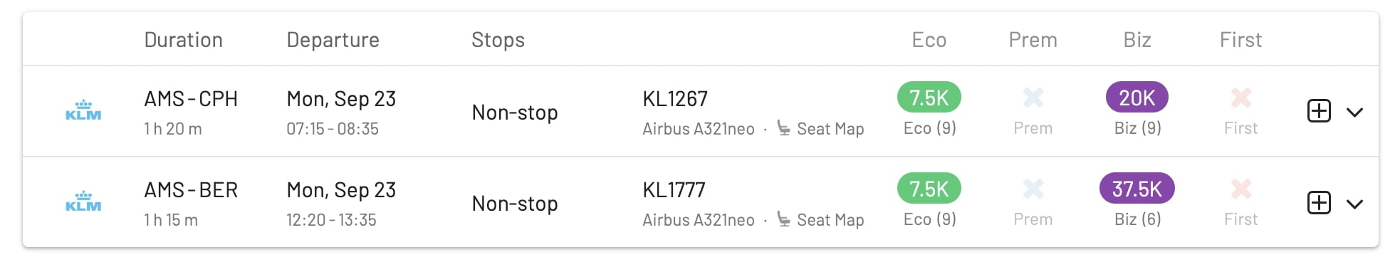 Flying Blue availability on KLM A321neo .
