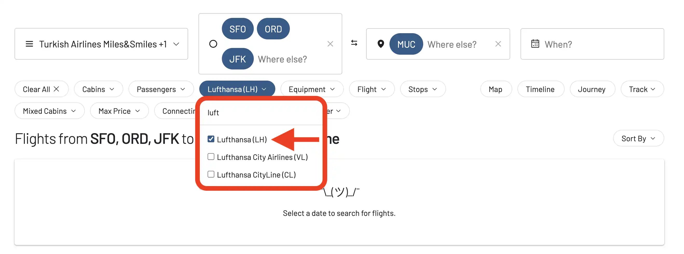 Select Lufthansa in the Airline filter.