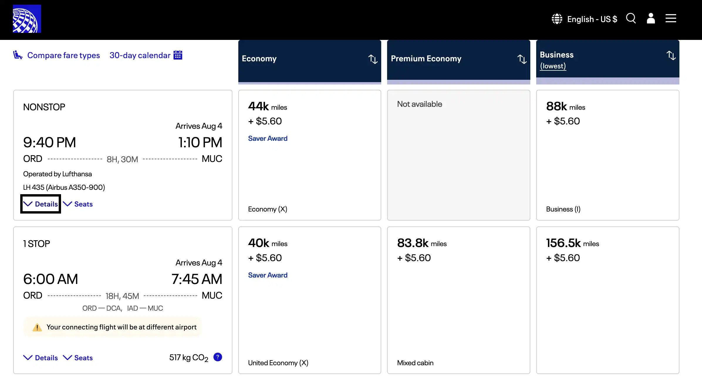 AwardFares redirects you to the airline