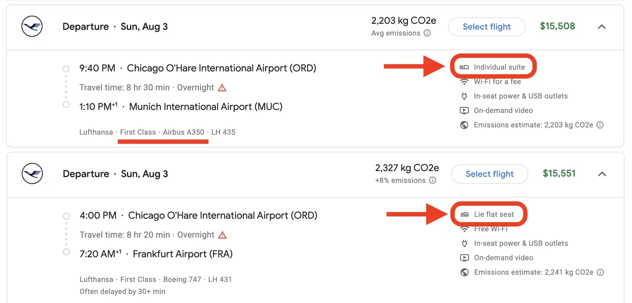 Confirm if a Lufthansa flight offers the Allegris cabin using Google Flights