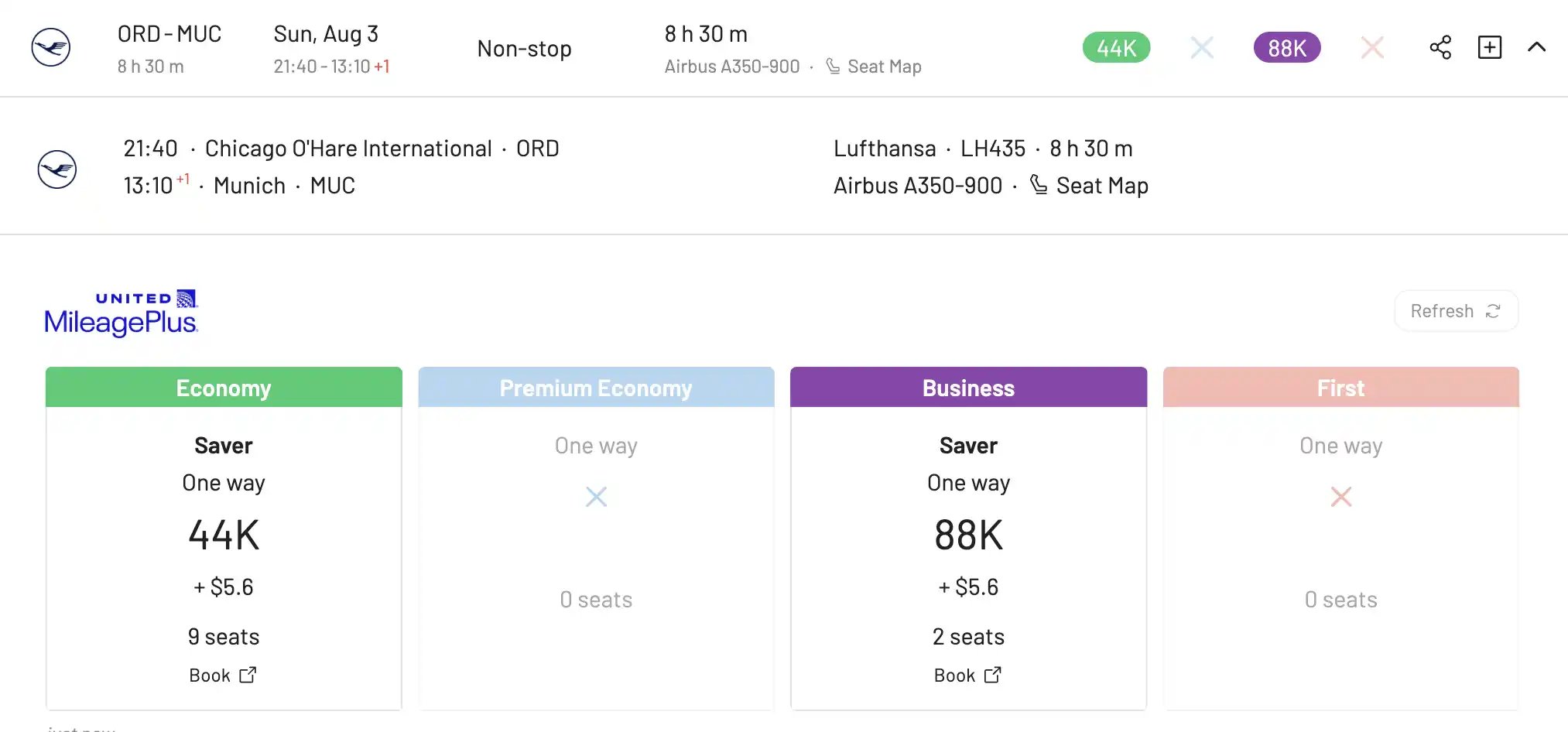 Award flight details in AwardFares.
