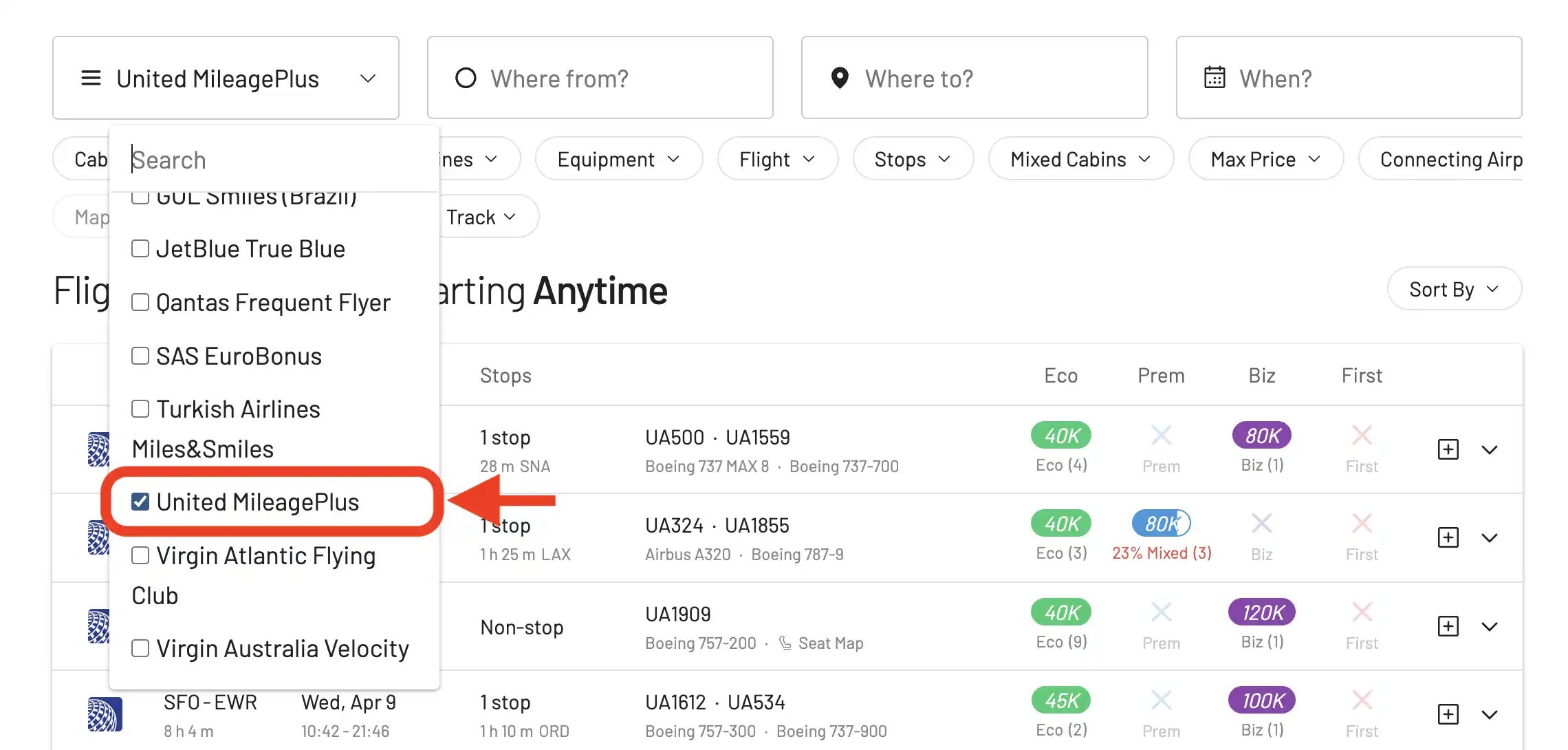 Select United MileagePlus in AwardFares Frequent Flyer Program Picker.