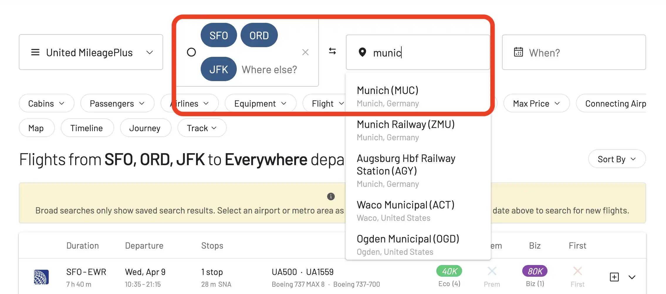 Select a Lufthansa Allegris-operated route to search for available award seats.