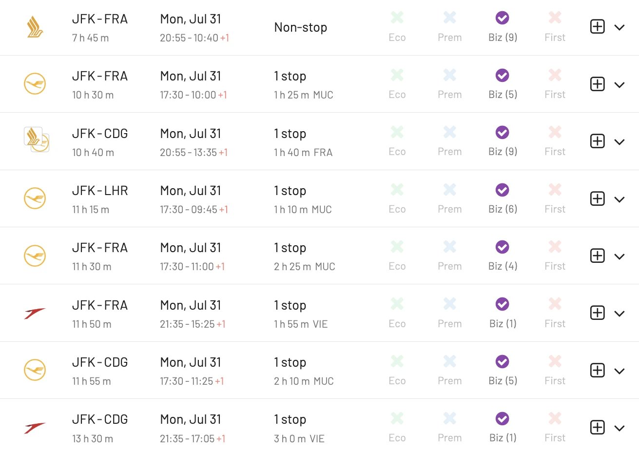 New York to Europe in Business Class using LifeMiles (AwardFares).