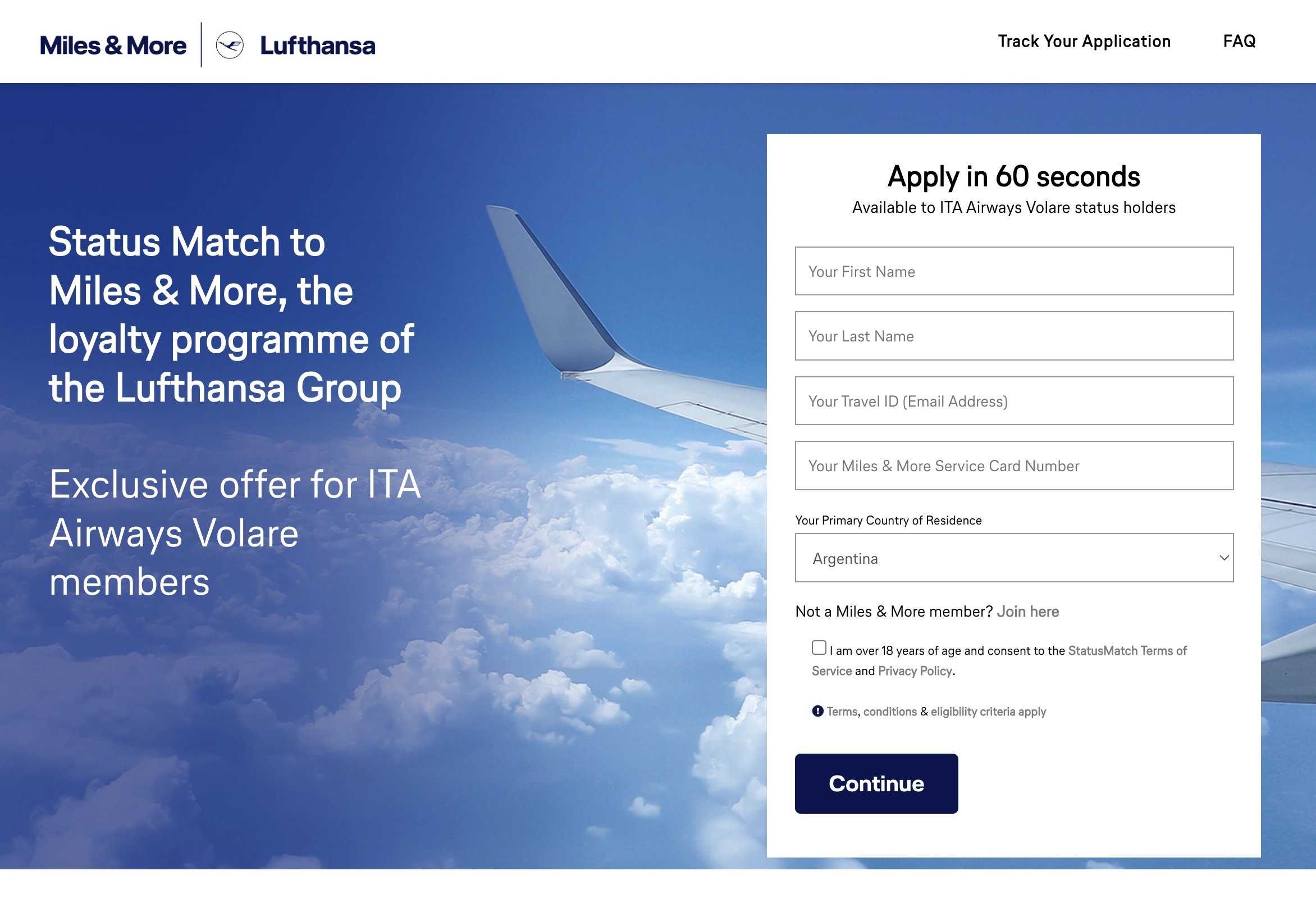 Página de la oferta de Status Match de Lufthansa Miles & More.