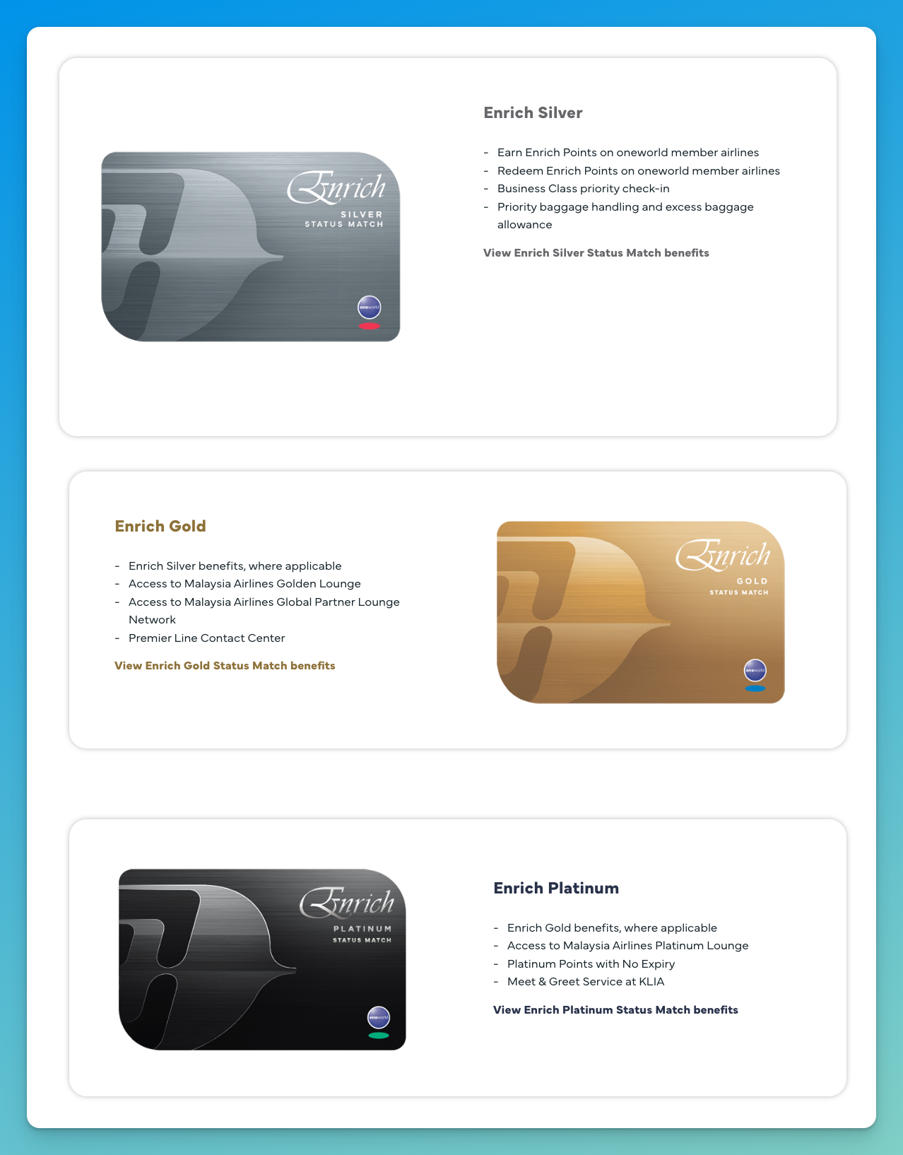 Malaysia Airlines Enrich Status Match tiers: Silver, Gold, and Platinum.