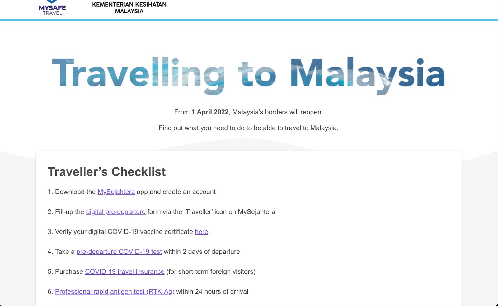 Cover image for Travelling to Malaysia from April 2022