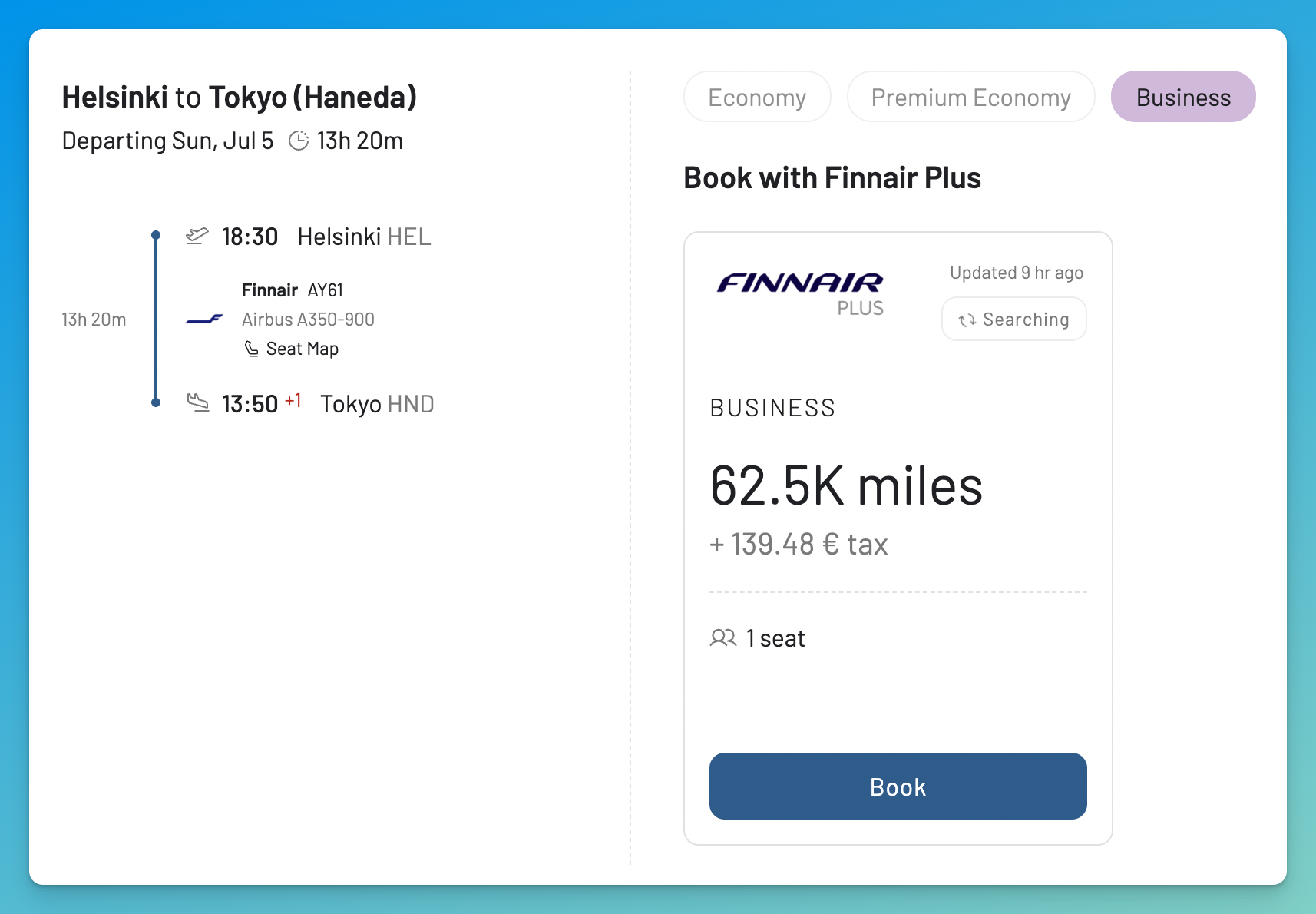 AwardFares result showing one Finnair Business Class award seat from Helsinki to Tokyo Haneda for 62,500 Avios plus 139.48 euros.