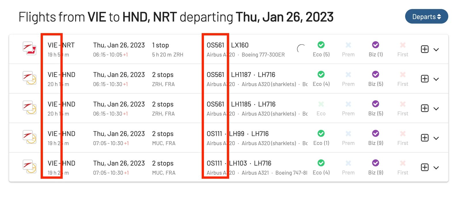 AwardFares search: Amsterdam to Vienna.