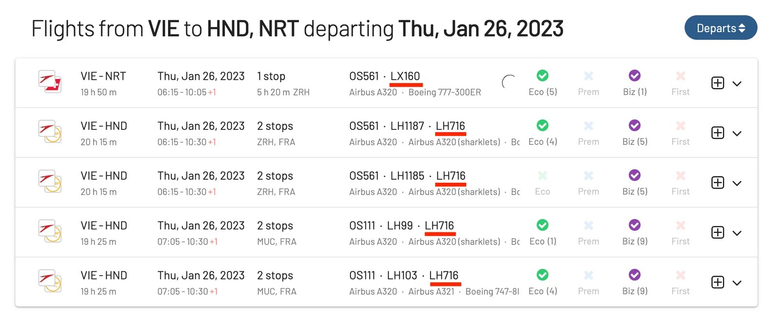 AwardFares search: Vienna to Tokyo.