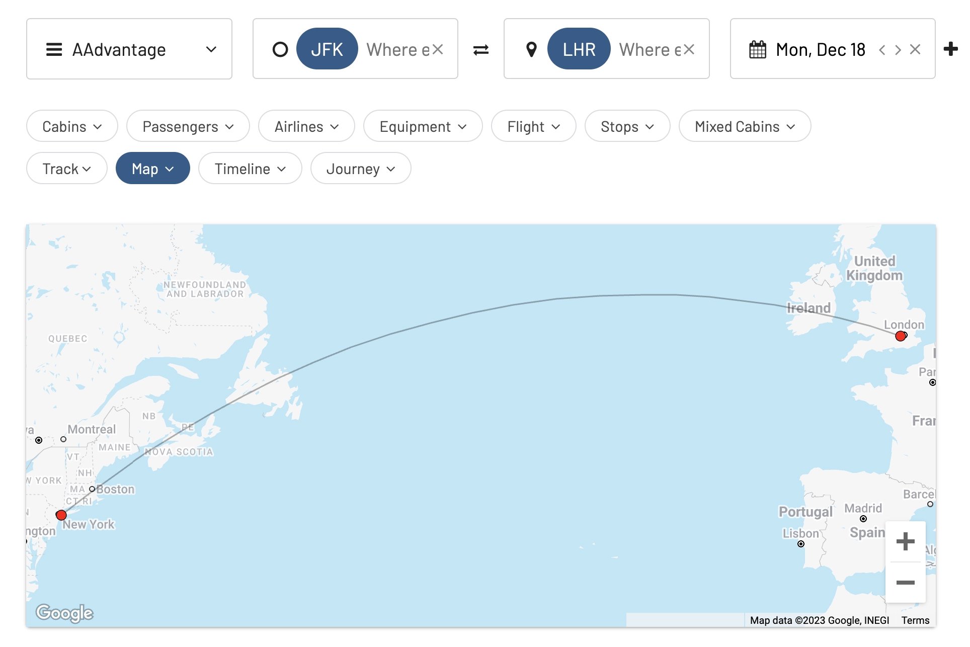 AAdvantage award flights between New York JFK and London Heathrow LHR using AwardFares.