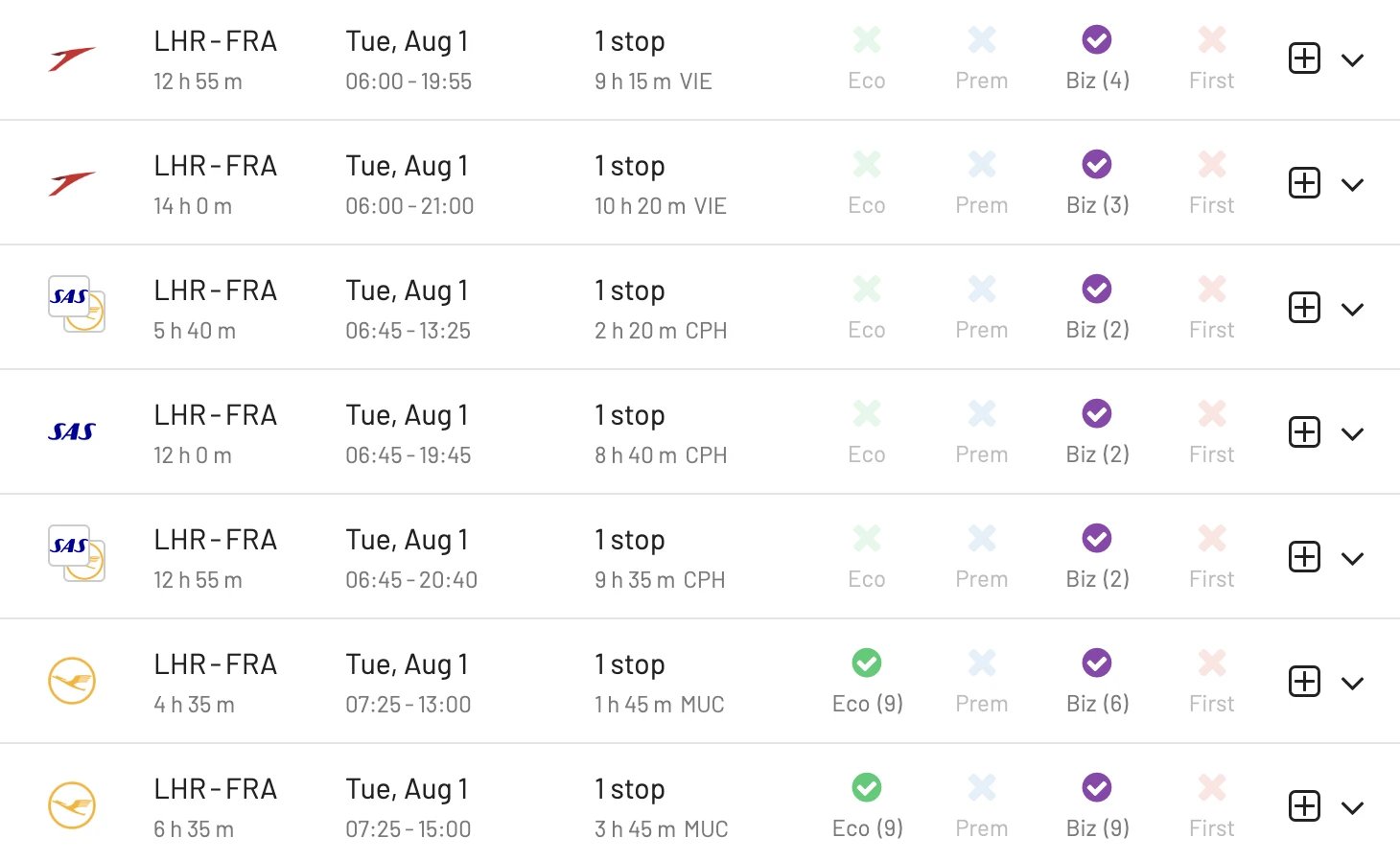 London to Frankfurt using United MileagePlus miles (AwardFares).