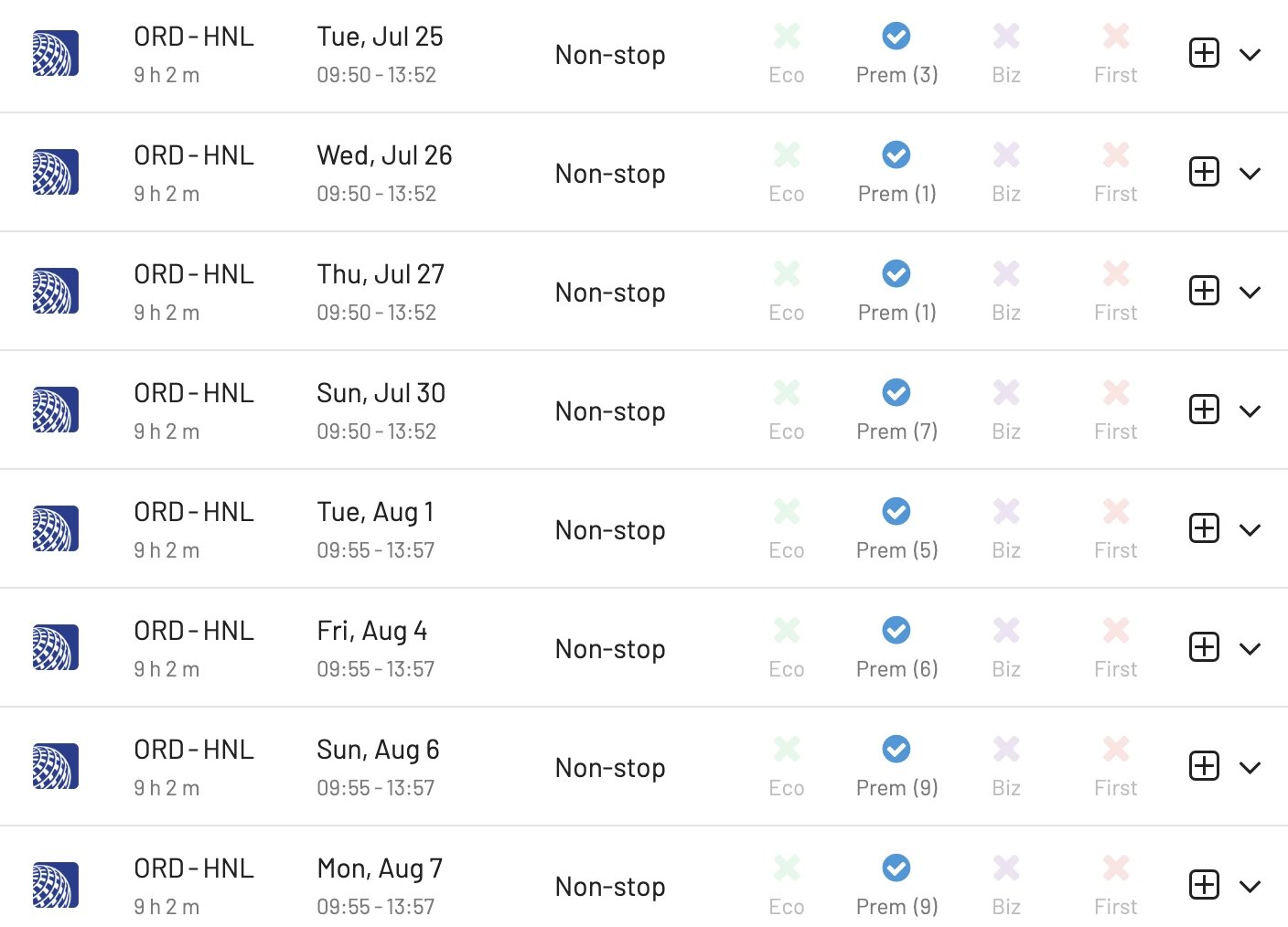 Chicago to Honolulu using United MileagePlus miles (AwardFares).