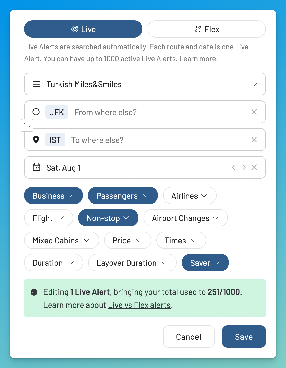 Create an AwardFares alert for Turkish Airlines Miles&Smiles award availability.