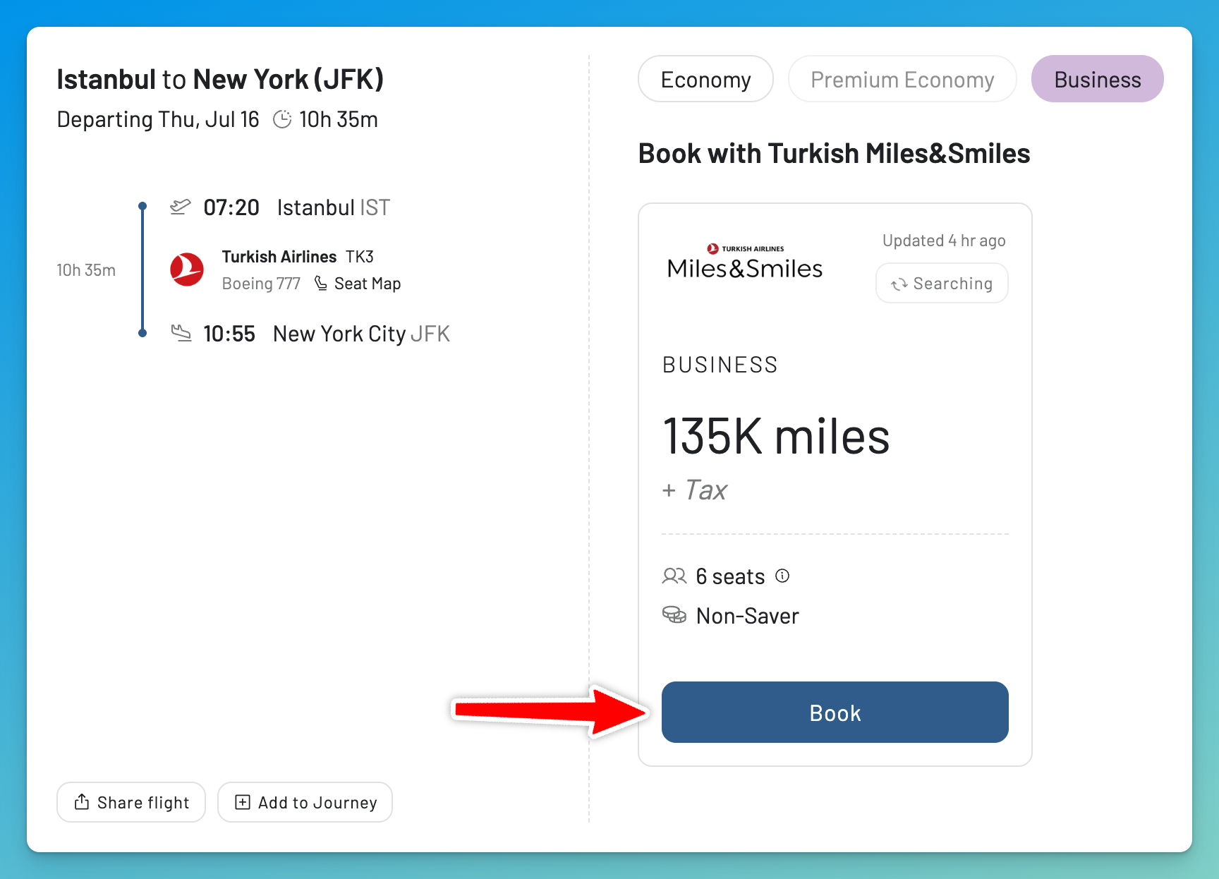 Select Book in AwardFares after finding a Turkish Airlines Miles&Smiles award.